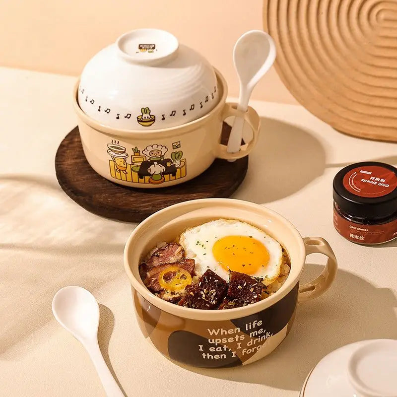 Two cartoon themed kawaii ramen bowls on a table