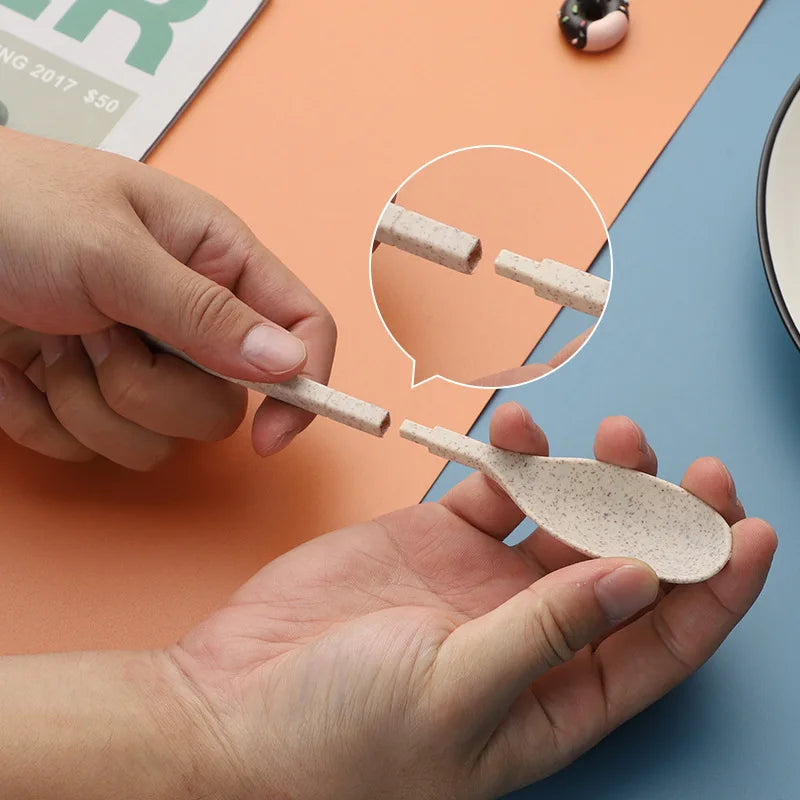 Person holding a small spoon made from a kawaii utensils set with a close-up inset showing the construction.
