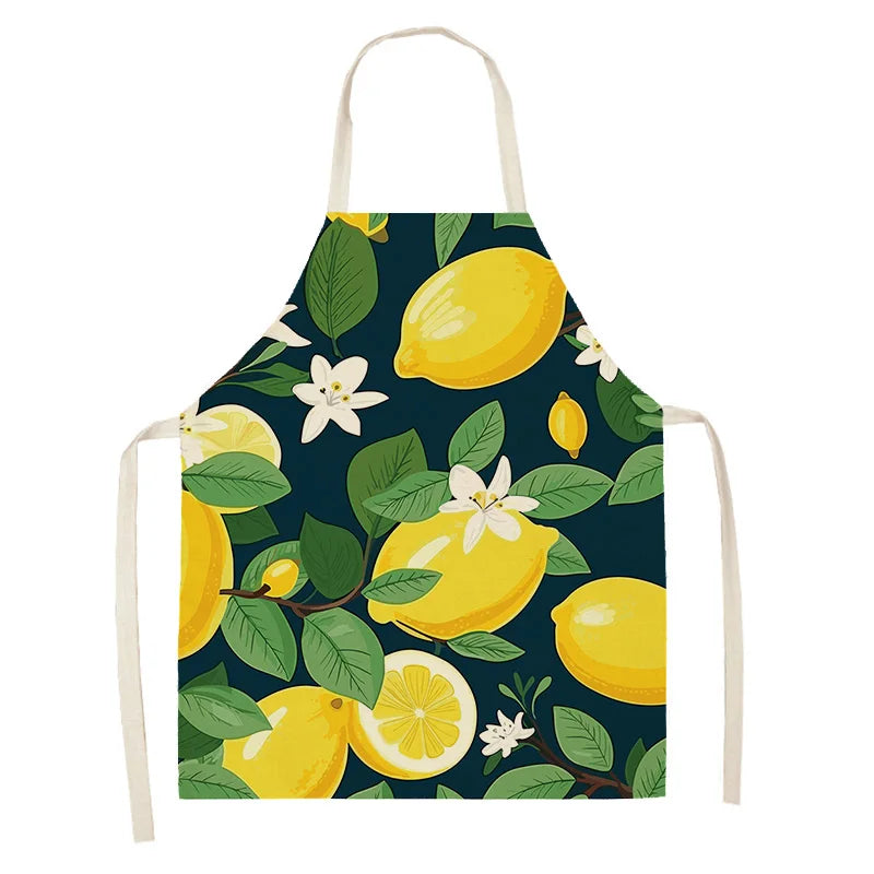 Kawaii apron with lemon and leaf pattern on a dark blue background