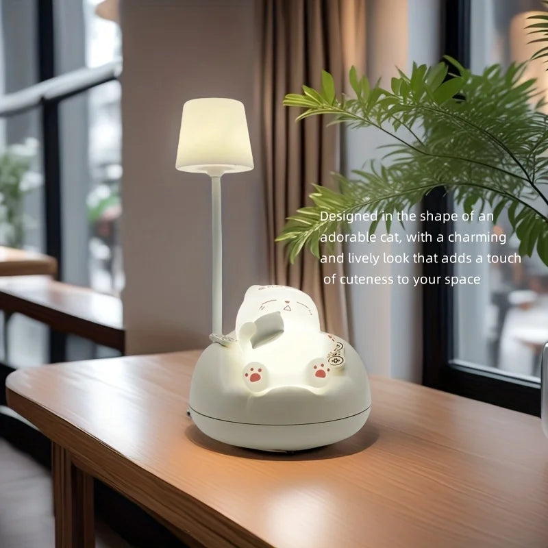Cat-shaped kawaii night light on a table with a blurred background