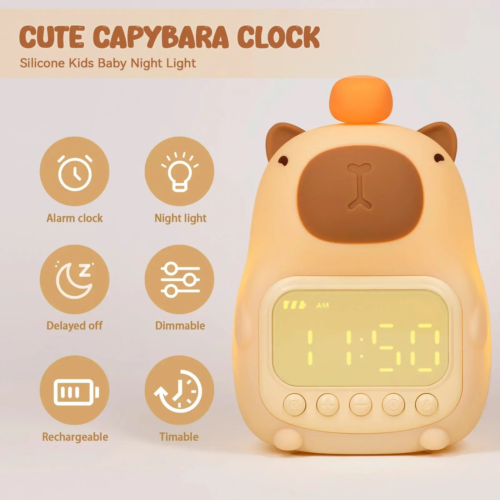 Cute capybara kawaii clock with digital display on a beige background