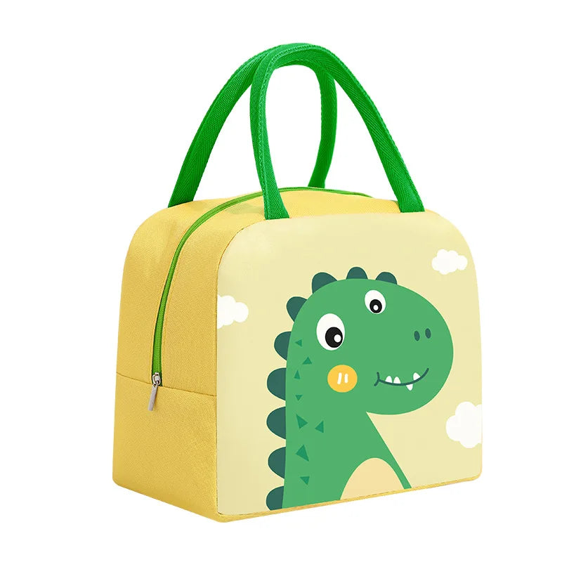 Yellow kawaii lunch bag with green dinosaur design on a white background