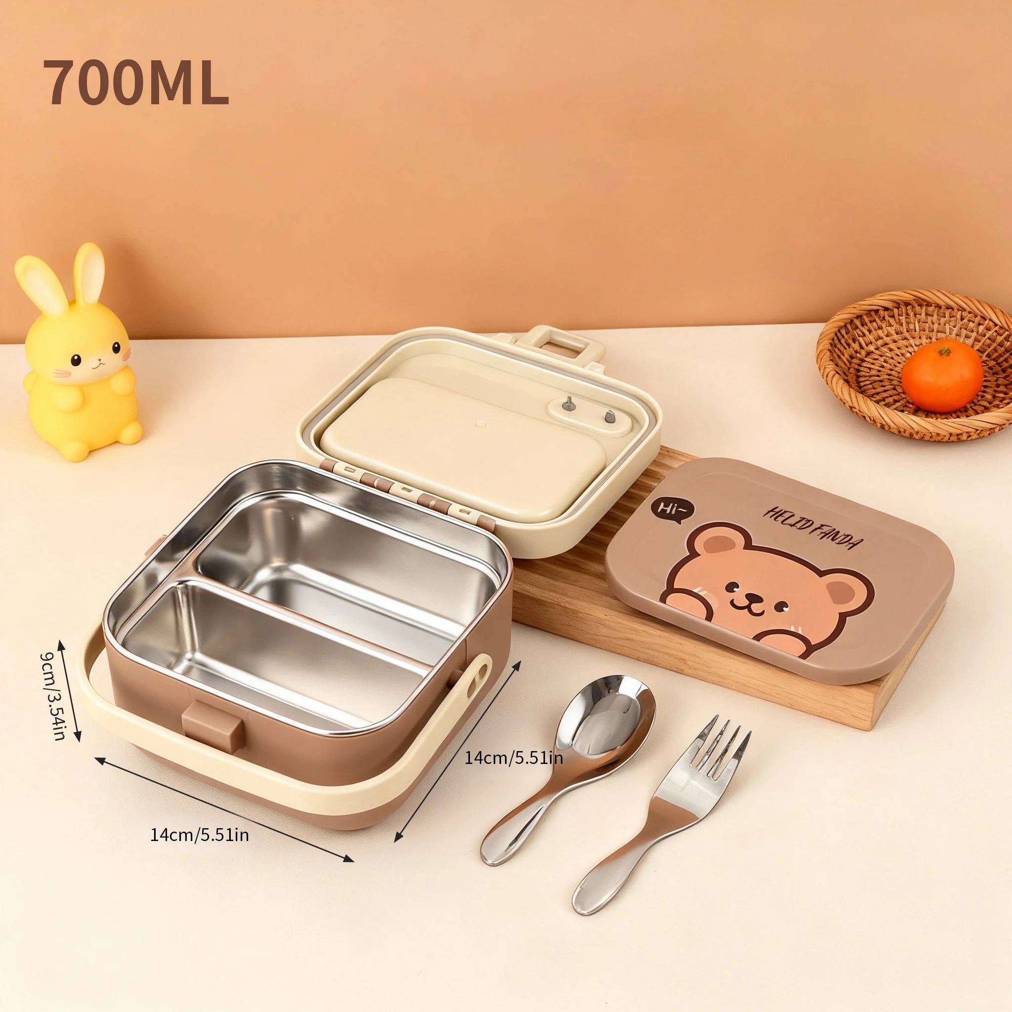 Stainless steel kawaii lunch box with wooden lid, spoon, and fork on a beige surface.