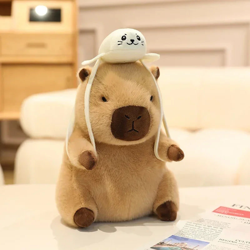 Kawaii plush toy resembling a bear with a seal hat on a light background
