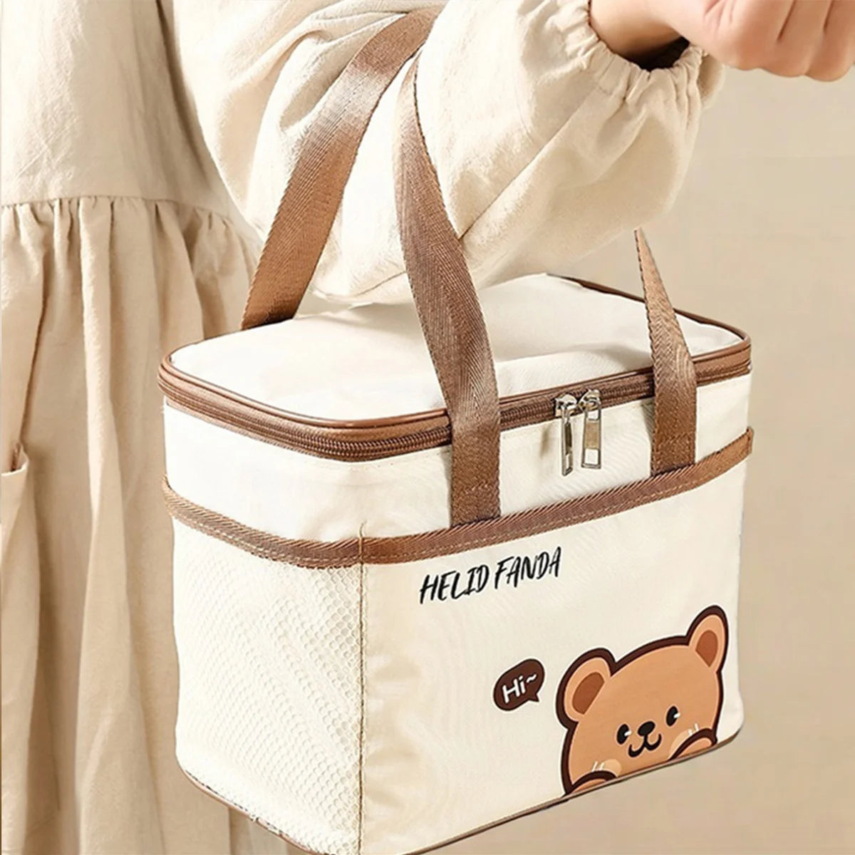 insulated bag with kawaii bear design and 'HELID FANDA' branding