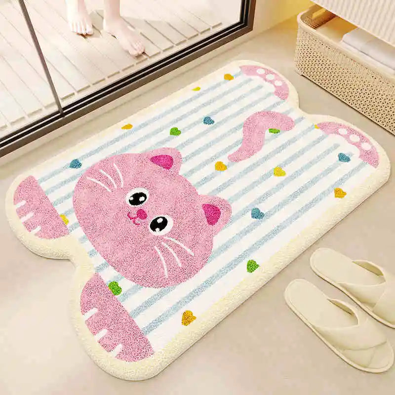 Cute pink cat kawaii rug on a light-colored floor with sandals nearby.