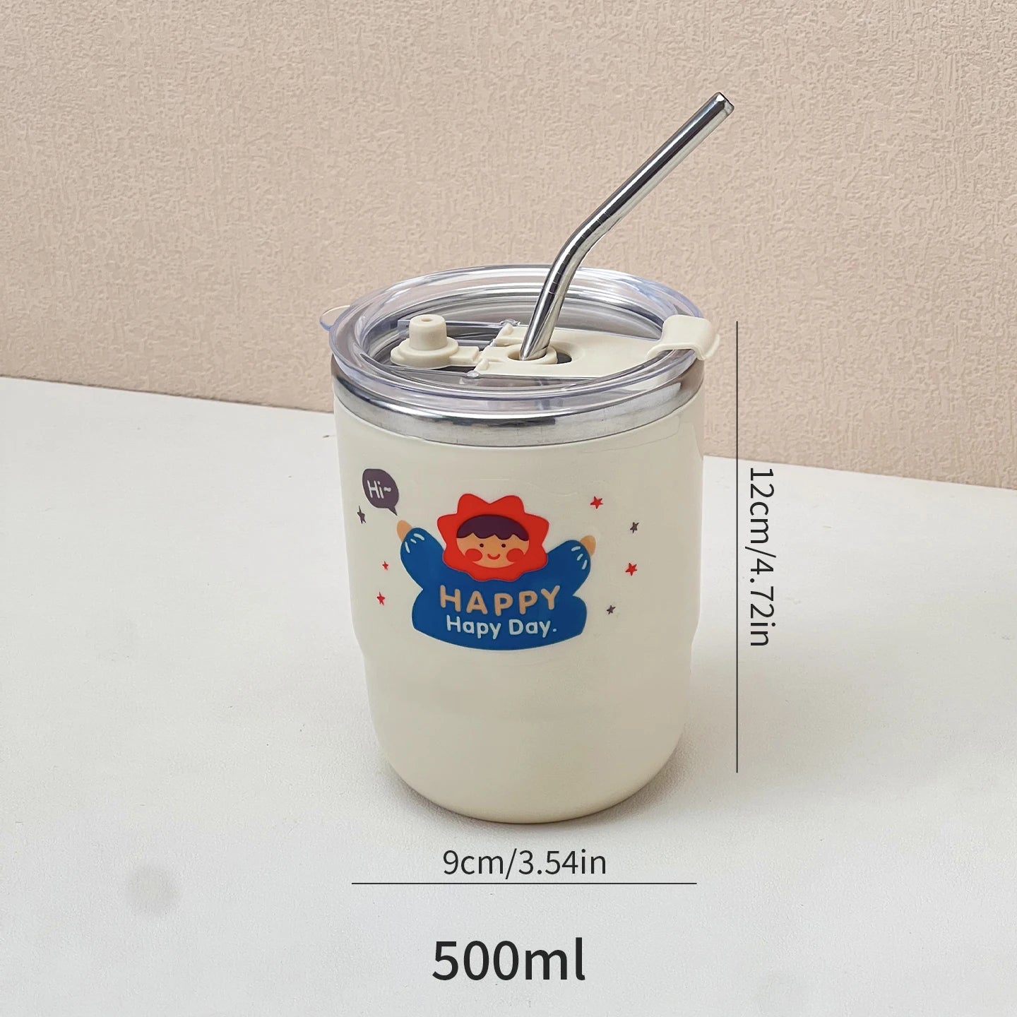 White kawaii tumbler with cartoon character and 'Happy Day' text, featuring a metal straw on a beige background.