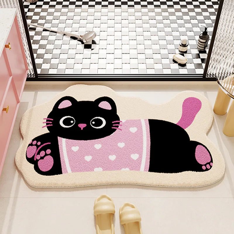 Cute black cat design kawaii rug on a checkered floor
