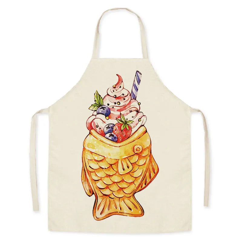 Kawaii apron with a fish-shaped ice cream sundae design on a white background
