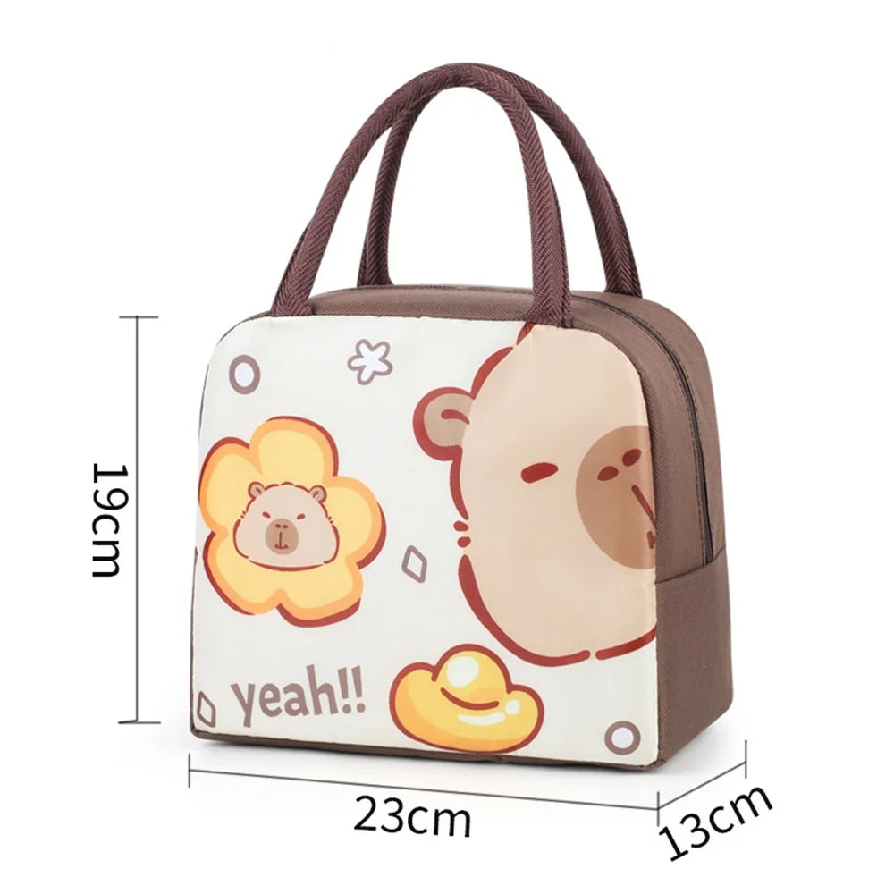 Small kawaii bag with cartoon bear design and measurements on a white background