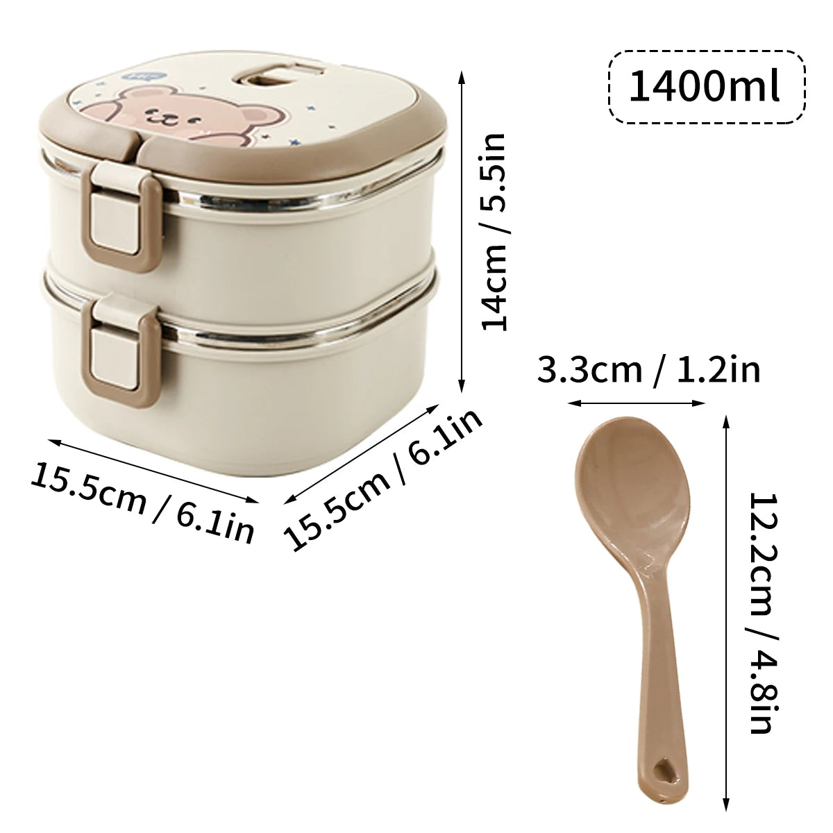 Beige two-tiered lunch box with kawaii bear design, dimensions, and a spoon on a white background