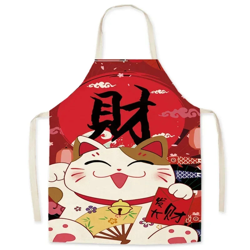 Kawaii apron with a cartoon cat design and Chinese characters on a red background