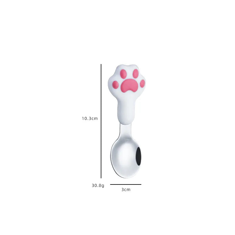 Spoon with a paw-shaped kawaii utensils on a white background