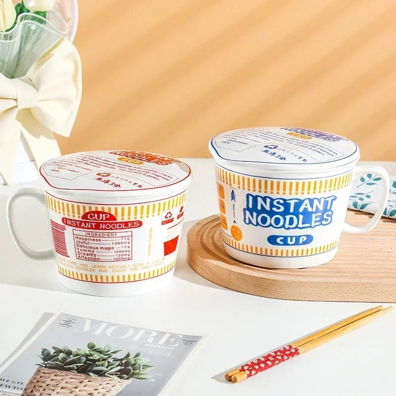 Red and blue instant noodles kawaii ramen bowls on a table