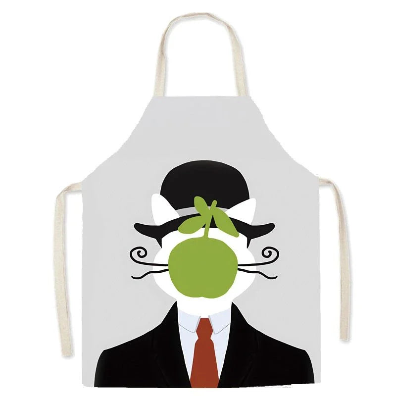 Kawaii apron with a stylized face design featuring a green apple, black suit, and red tie on a white background.