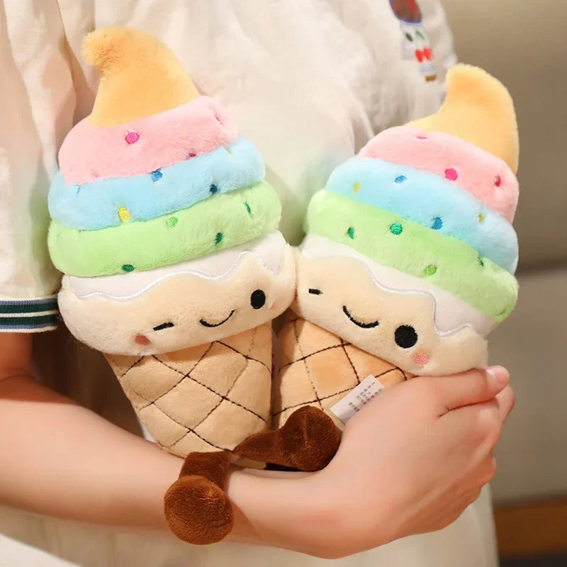 Two kawaii plush ice cream cones held in hands with a blurred background