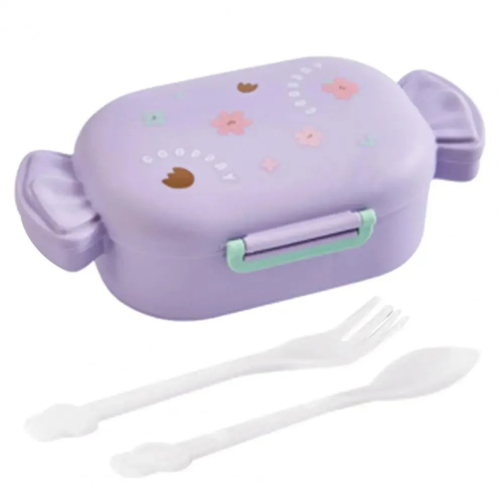 Purple children's kawaii lunch box with floral designs and cutlery on a white background
