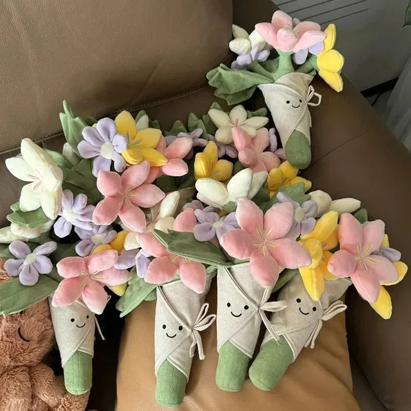 Plush kawaii toys shaped like dumplings and flowers on a brown surface