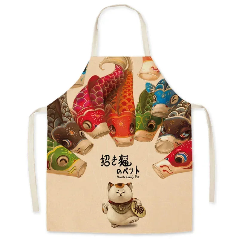 Kawaii apron with cat and koi fish design on a beige background