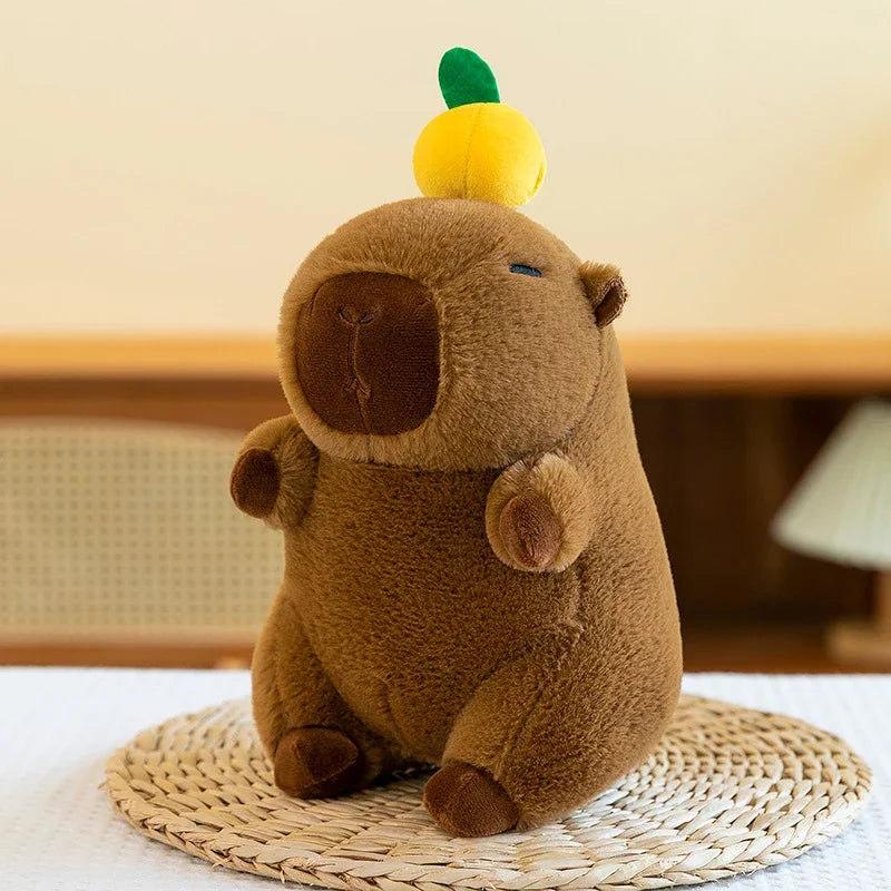 Brown kawaii plush toy resembling a groundhog on a woven mat with a blurred background