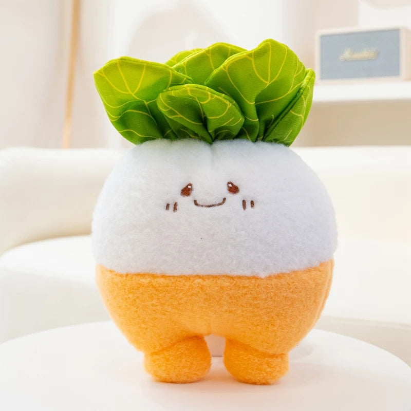 Kawaii plush toy shaped like a turnip with a happy face on a white surface