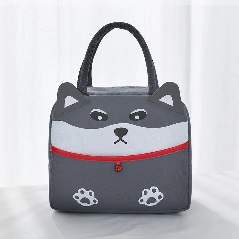 Dog-shaped kawaii lunch bag with a red zipper on a white background
