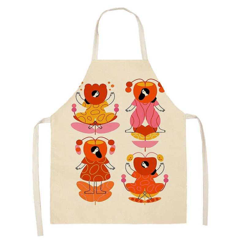 Beige kawaii apron with colorful cartoon character design on a white background
