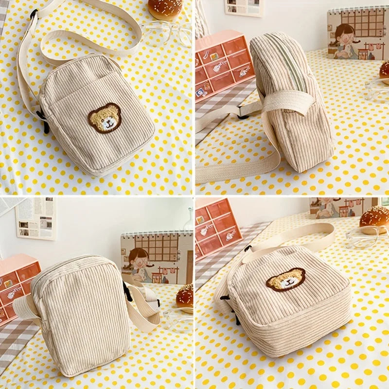 A collage of images of a brown tote bag on a table