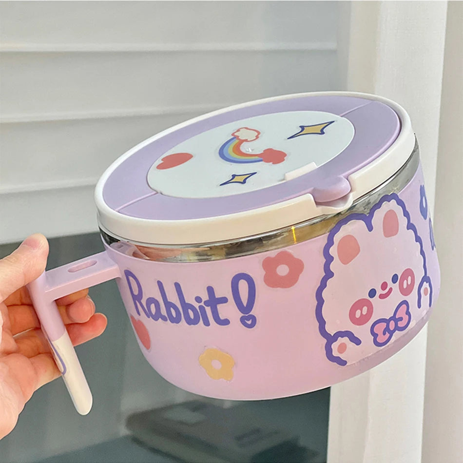 A hand holding a purple rabbit themed kawaii ramen bowl