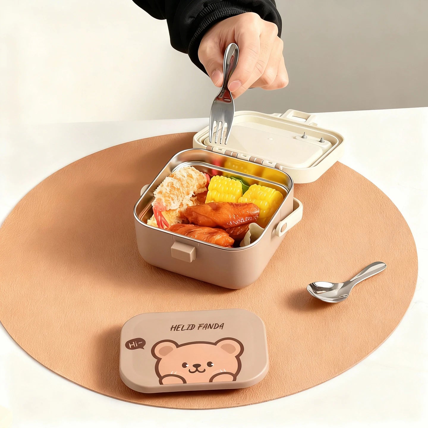Kawaii lunch box with food and a hand using a fork, on a beige mat with a spoon.