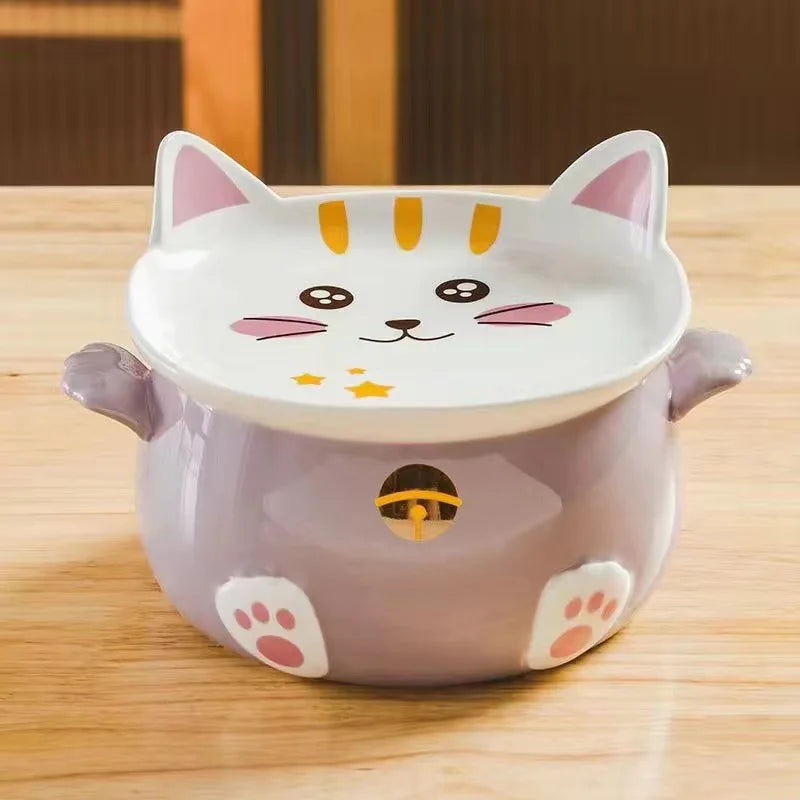A purple cat shaped kawaii ramen bowl sitting on a table