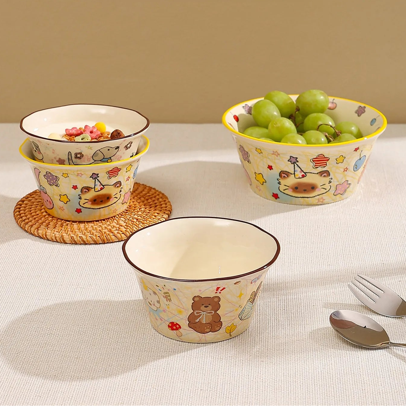 Children's kawaii ramen bowls with cute designs on a table with text about customizable designs.
