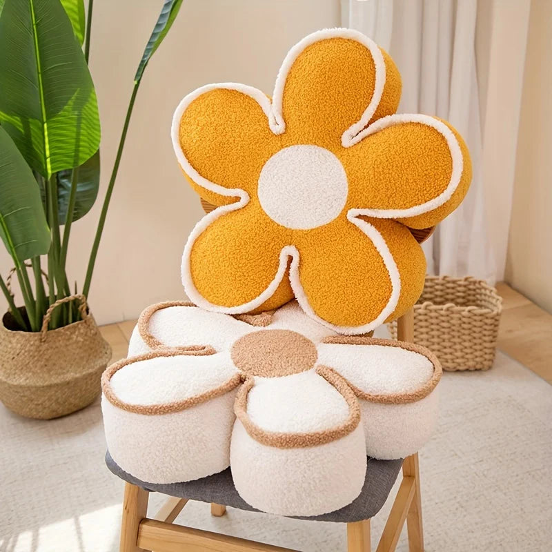 Flower-shaped kawaii cushion on a chair with a plant and basket in the background