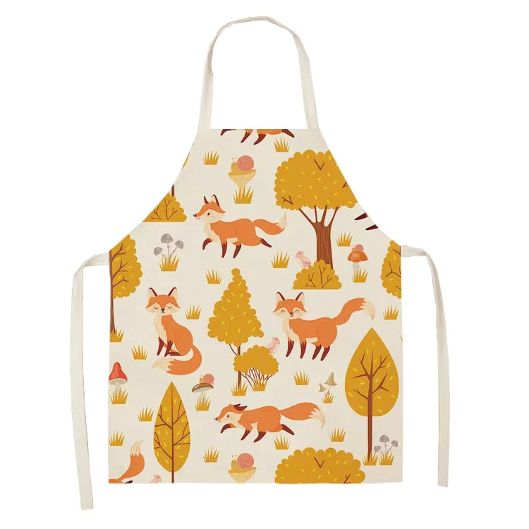 Children's kawaii apron with fox and tree pattern on a white background