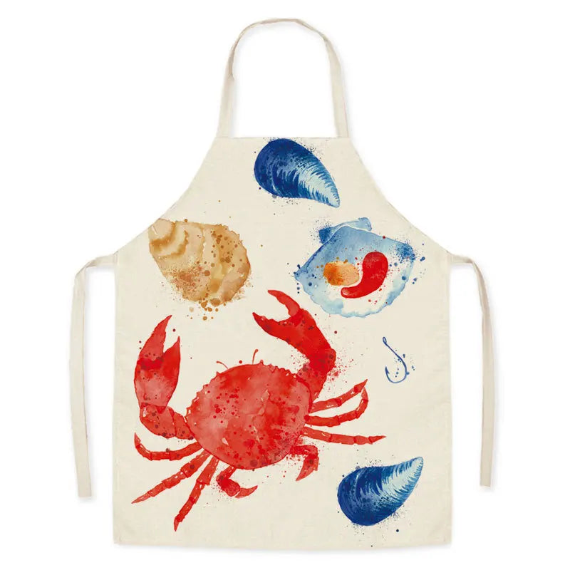 Kawaii apron with a red crab and blue shells design on a white background