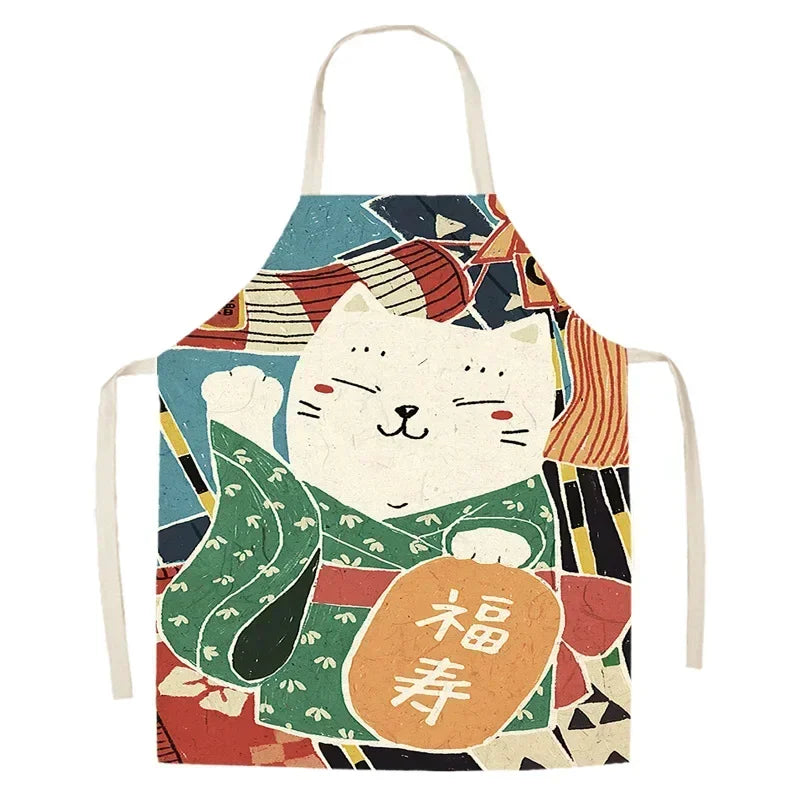 Colorful kawaii apron with a cat design and Japanese text on a white background