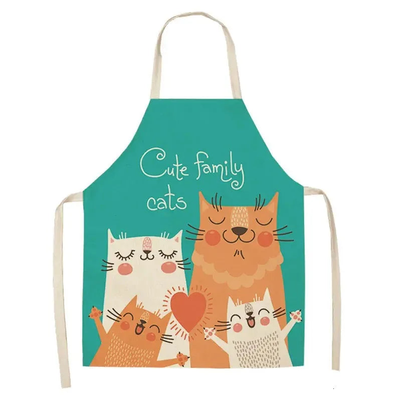 Teal apron with Kawaii cartoon cats and 'Cute family cats' text on a white background