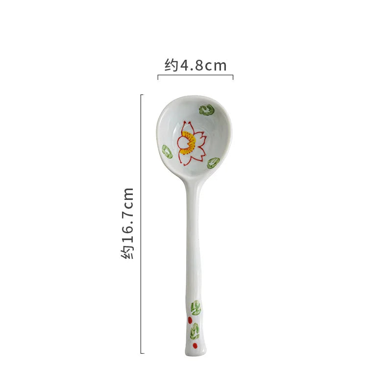 Decorative kawaii spoon with floral design and measurements on a white background