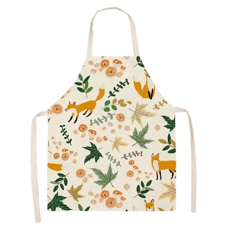 Children's kawaii apron with fox and leaf pattern on a white background