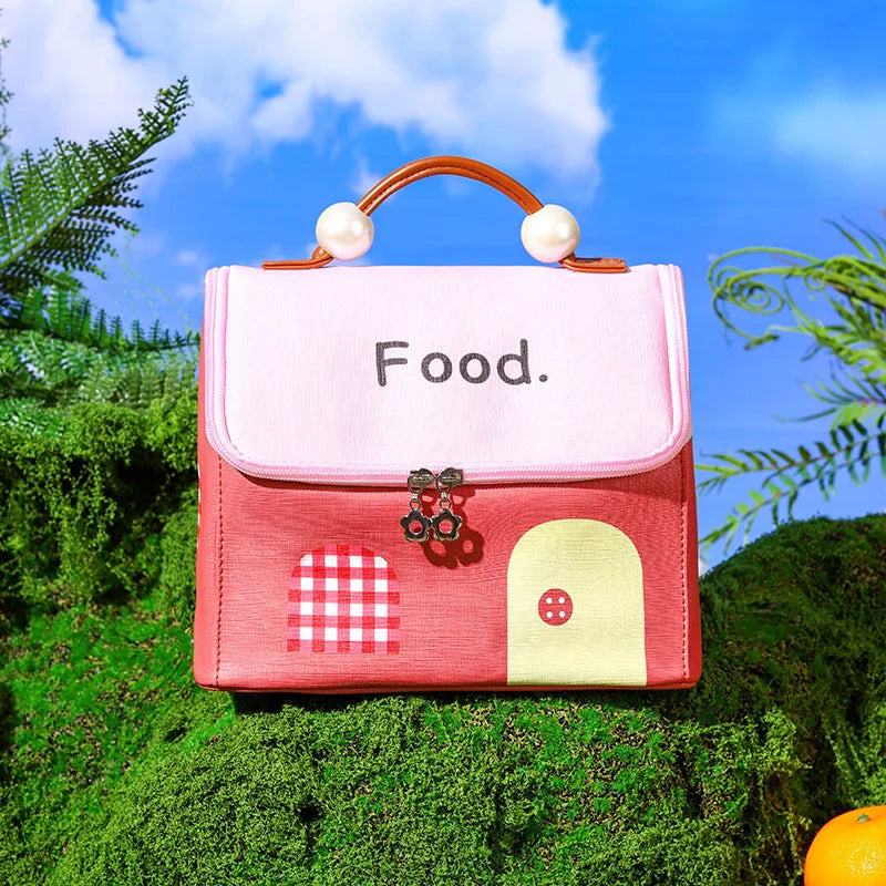 Pink kawaii bag with 'Food.' text on a grassy background