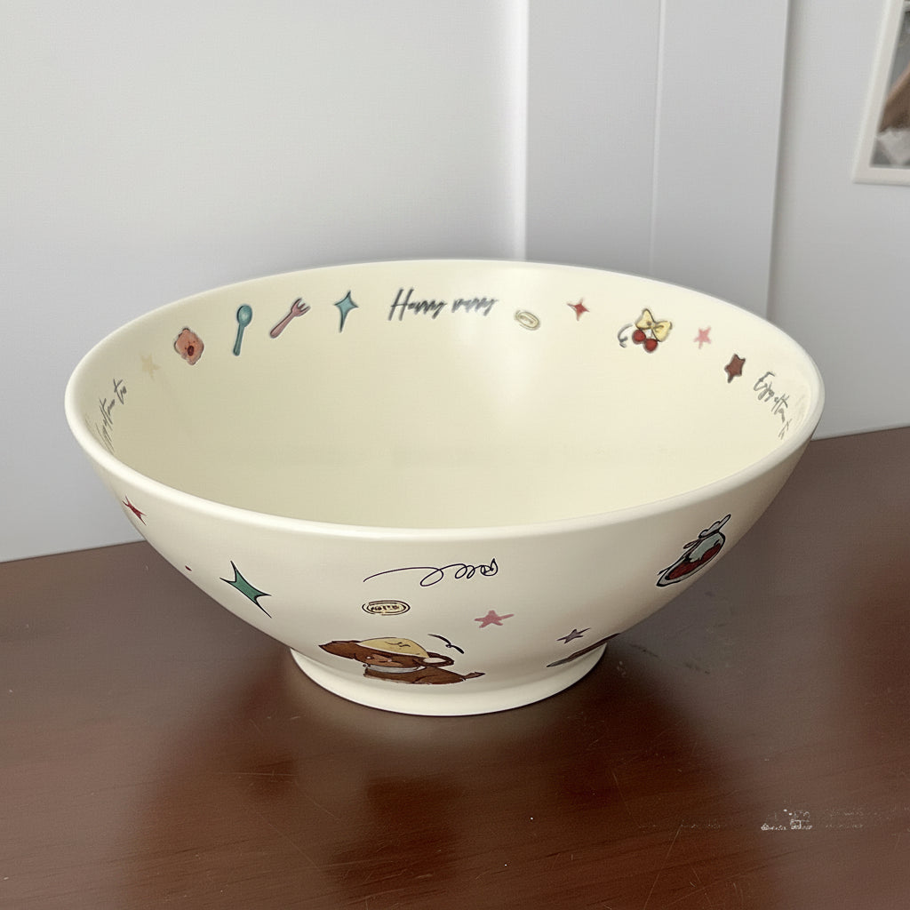 White ceramic kawaii ramen bowl with decorative elements on a wooden surface