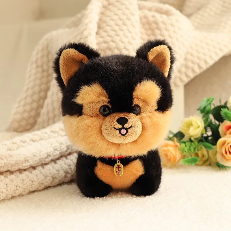 Kawaii plush toy dog with black and brown fur on a soft surface with flowers in the background