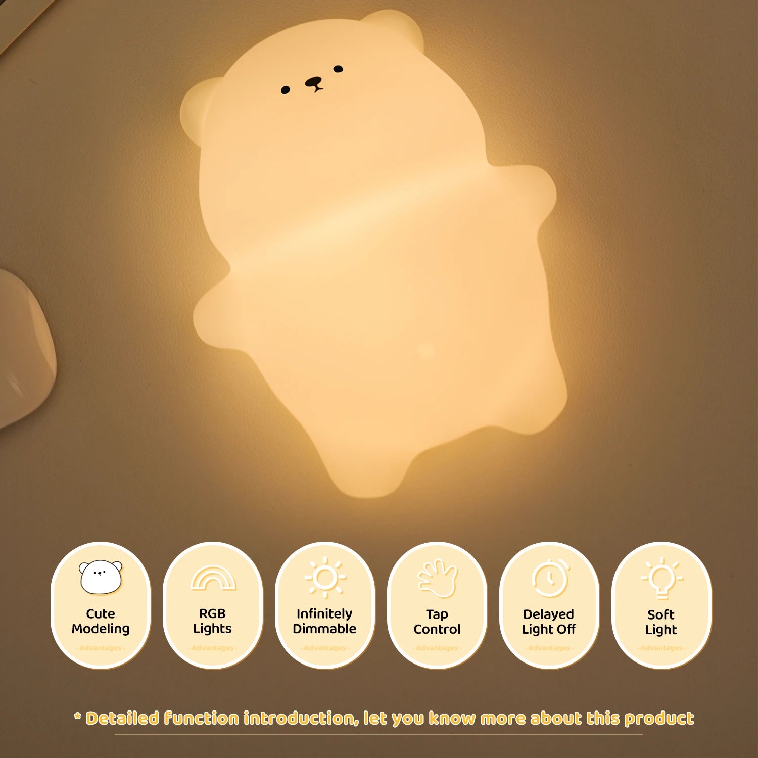 Cute bear-shaped kawaii night light with features listed below on a brown background