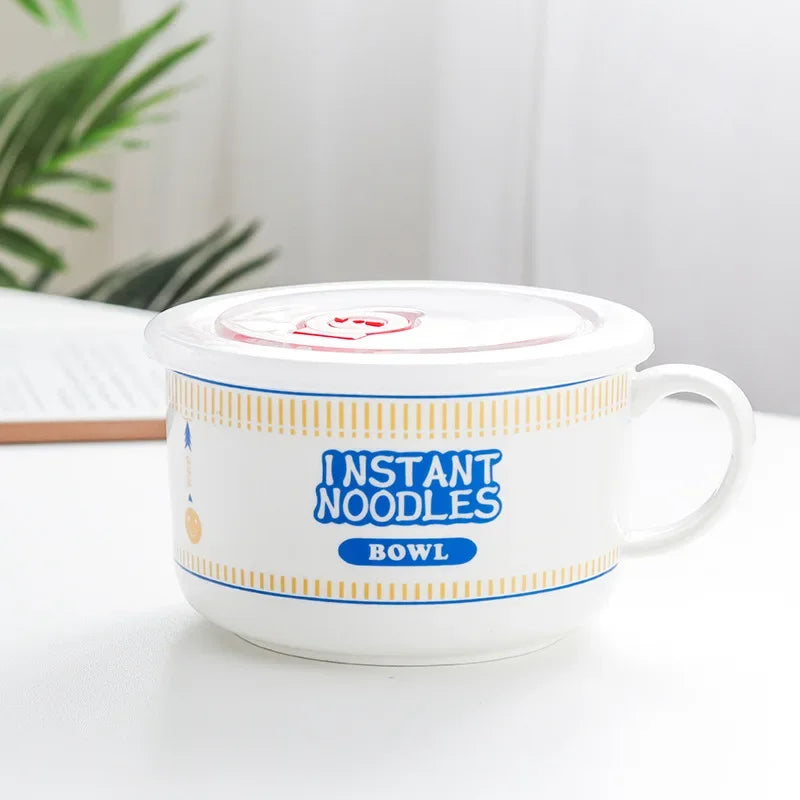 A blue and white instant noodles kawaii ramen bowl