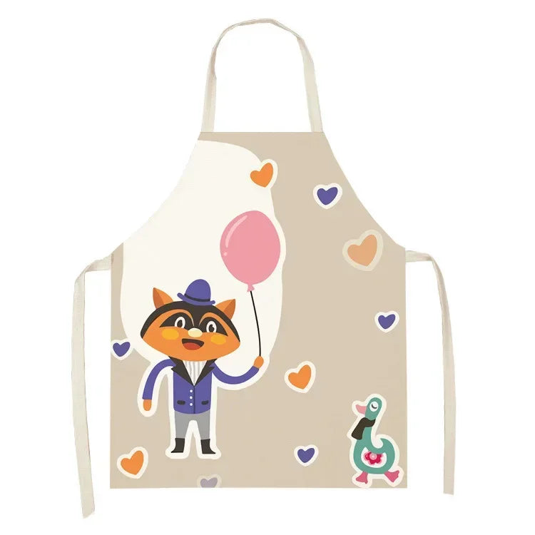 Children's kawaii apron with cartoon fox character and colorful hearts on a beige background