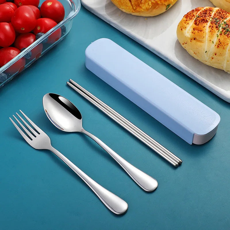 A group of kawaii utensils with a blue case