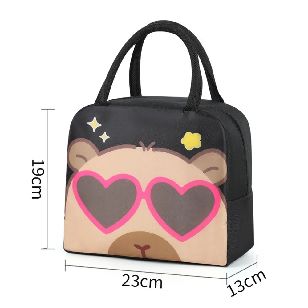 Black kawaii lunch bag with bear design and heart-shaped sunglasses, shown with measurements on a white background.