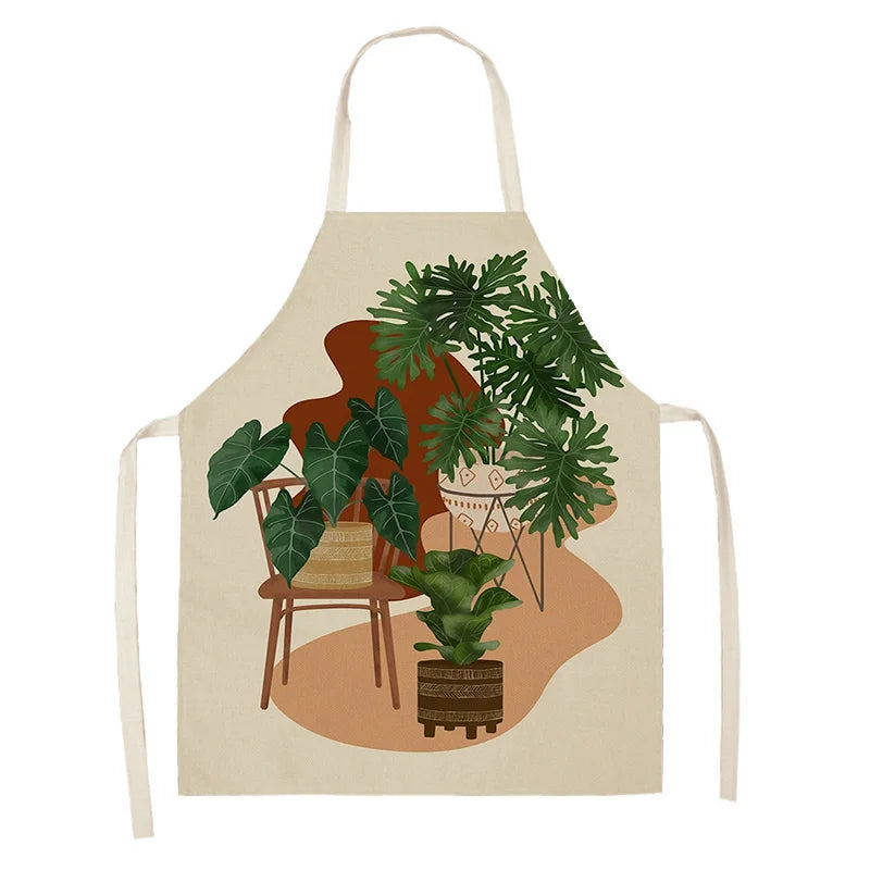 Beige kawaii apron with a design of a room with plants on a white background
