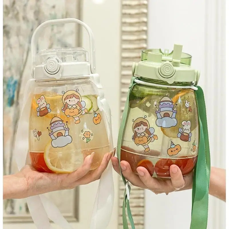 Two cartoon-themed kawaii water bottles held by hands against a neutral background
