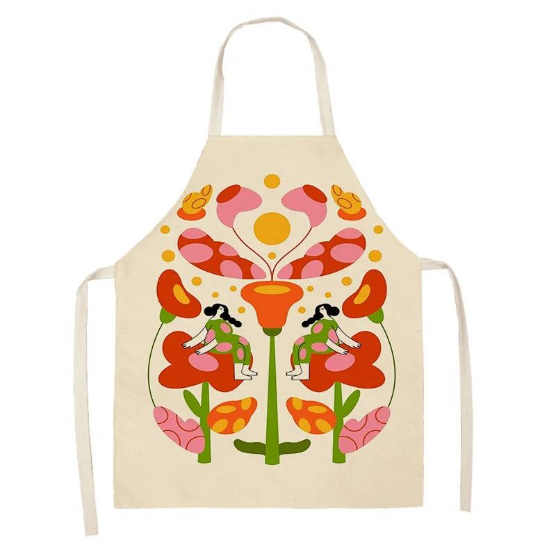 Beige kawaii apron with colorful floral design on a white background